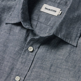 material shot of the collar and buttons on The Short Sleeve California in Navy Hemp