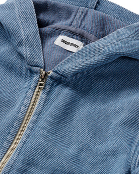 material shot of the hood and zipper on The Riptide Jacket in Washed Indigo Twill, Outerwear by Taylor Stitch