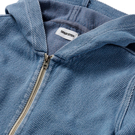 material shot of the hood and zipper on The Riptide Jacket in Washed Indigo Twill