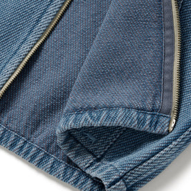 material shot of the twill material of The Riptide Jacket in Washed Indigo Twill