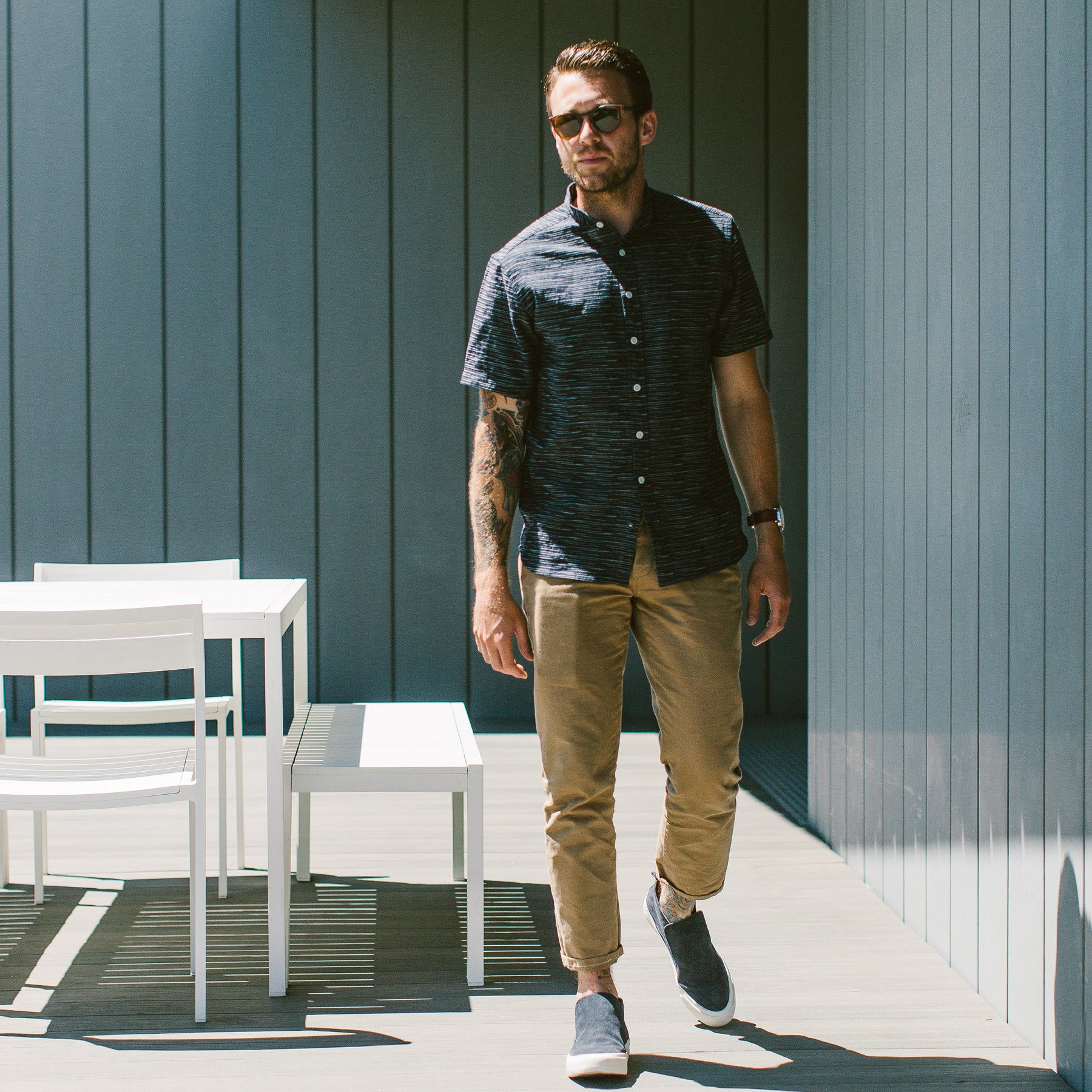 The Short Sleeve Bandit in Navy Slub Stripe: Alternate Image 2, Wovens by Taylor Stitch