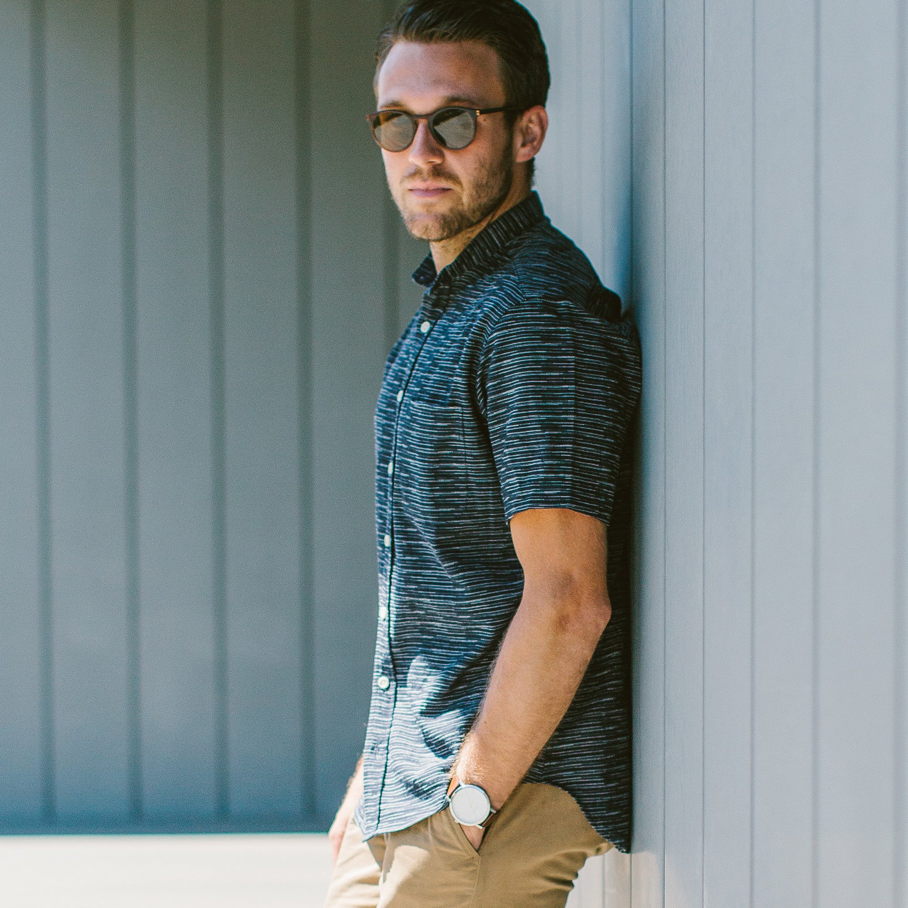 The Short Sleeve Bandit in Navy Slub Stripe: Alternate Image 1, Wovens by Taylor Stitch