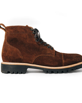 flatlay of the side of The Moto Boot in Snuff Weatherproof Suede, Footwear by Taylor Stitch