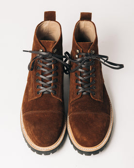 material shot of the top of The Moto Boot in Snuff Weatherproof Suede, Footwear by Taylor Stitch