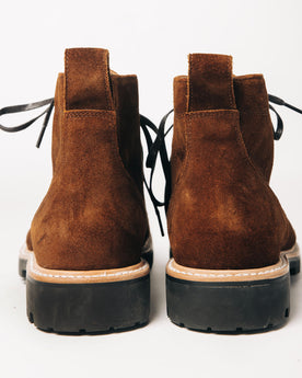 material shot of the back of The Moto Boot in Snuff Weatherproof Suede, Footwear by Taylor Stitch