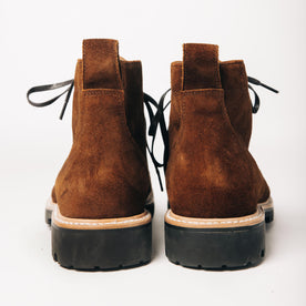 material shot of the back of The Moto Boot in Snuff Weatherproof Suede