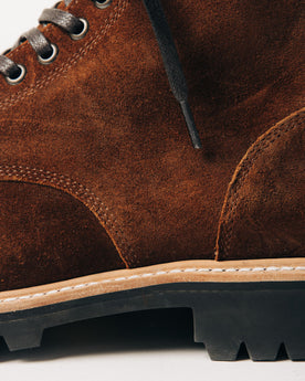 material shot of the side of The Moto Boot in Snuff Weatherproof Suede, Footwear by Taylor Stitch