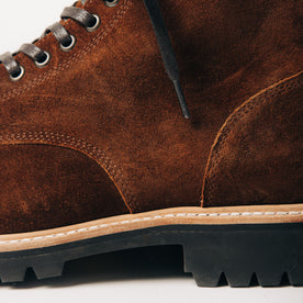material shot of the side of The Moto Boot in Snuff Weatherproof Suede