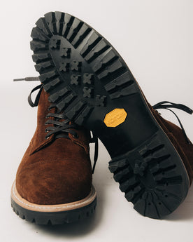 material shot of the Vibram sole on The Moto Boot in Snuff Weatherproof Suede, Footwear by Taylor Stitch