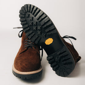 material shot of the Vibram sole on The Moto Boot in Snuff Weatherproof Suede