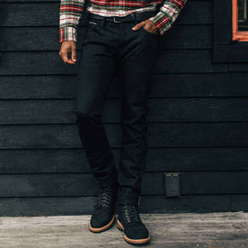 our fit model wearing The Slim Jean in Black Selvage