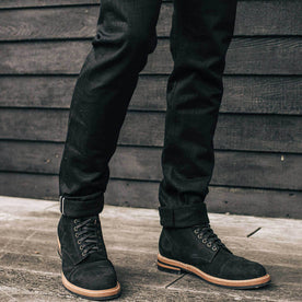 our fit model wearing The Slim Jean in Black Selvage