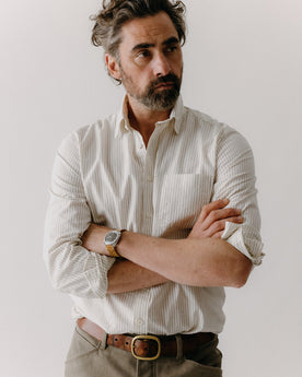 fit model posing in The Jack in Indigo Stripe, Wovens by Taylor Stitch