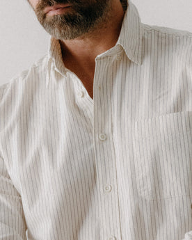 fit model standing wearing The Jack in Indigo Stripe, Wovens by Taylor Stitch