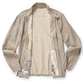 flatlay of The Clark Jacket in Morita Stripe, shown unzipped