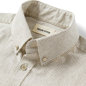 material shot of the collar on The Jack in Coal Jaspe University Stripe Oxford