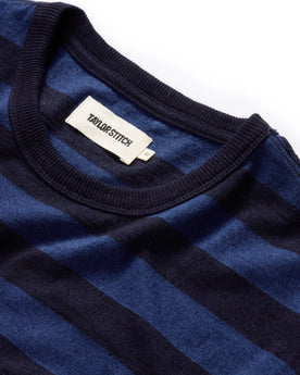 material shot of the neck opening of The Organic Cotton Tee in Indigo Yarn Dye Stripe, Knits by Taylor Stitch