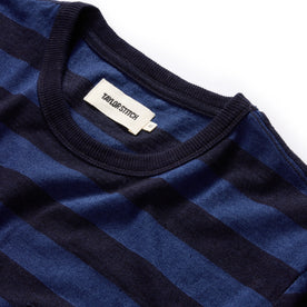 material shot of the neck opening of The Organic Cotton Tee in Indigo Yarn Dye Stripe