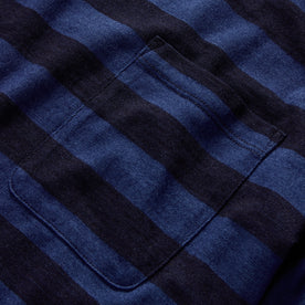 material shot of the front chest pocket of The Organic Cotton Tee in Indigo Yarn Dye Stripe