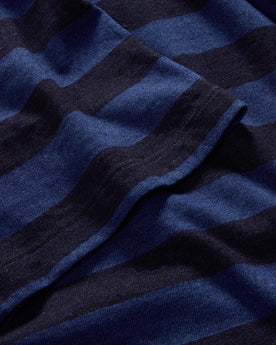 material shot of the sleeve of The Organic Cotton Tee in Indigo Yarn Dye Stripe, Knits by Taylor Stitch