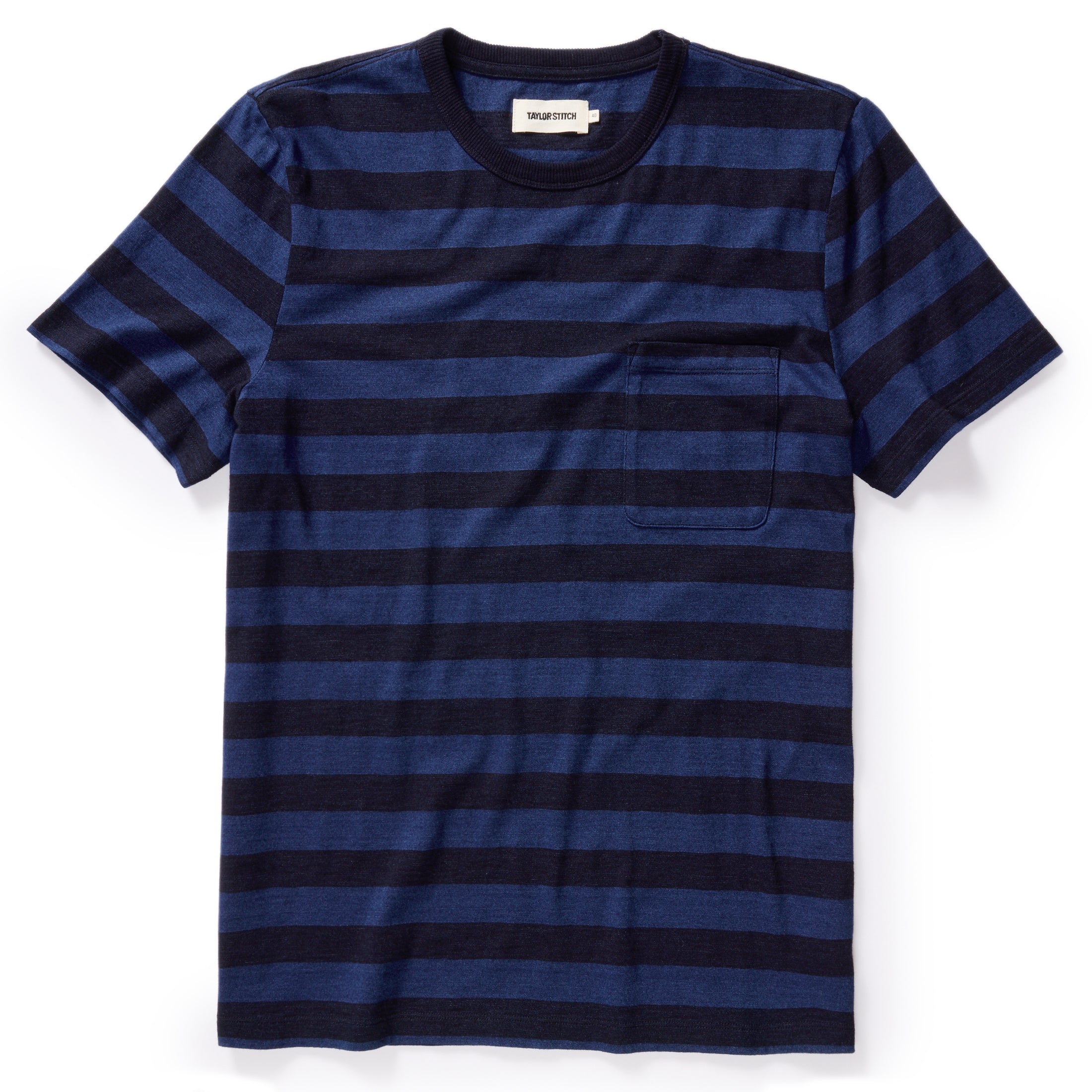 flatlay of The Organic Cotton Tee in Indigo Yarn Dye Stripe, Knits by Taylor Stitch
