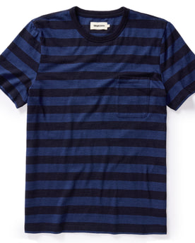 flatlay of The Organic Cotton Tee in Indigo Yarn Dye Stripe, Knits by Taylor Stitch