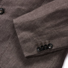 material shot of the dark horn sleeve buttons on The Sheffield Sport Coat in Cocoa Linen
