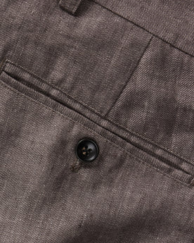 material shot of the back welt pocket on The Sheffield Trouser in Cocoa Linen, Bottoms by Taylor Stitch