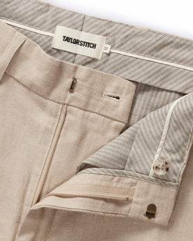 material shot of the hook and bar closure on The Sheffield Trouser in Natural Linen, Bottoms by Taylor Stitch