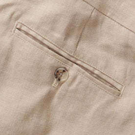 material shot of the back welted pocket on The Sheffield Trouser in Natural Linen