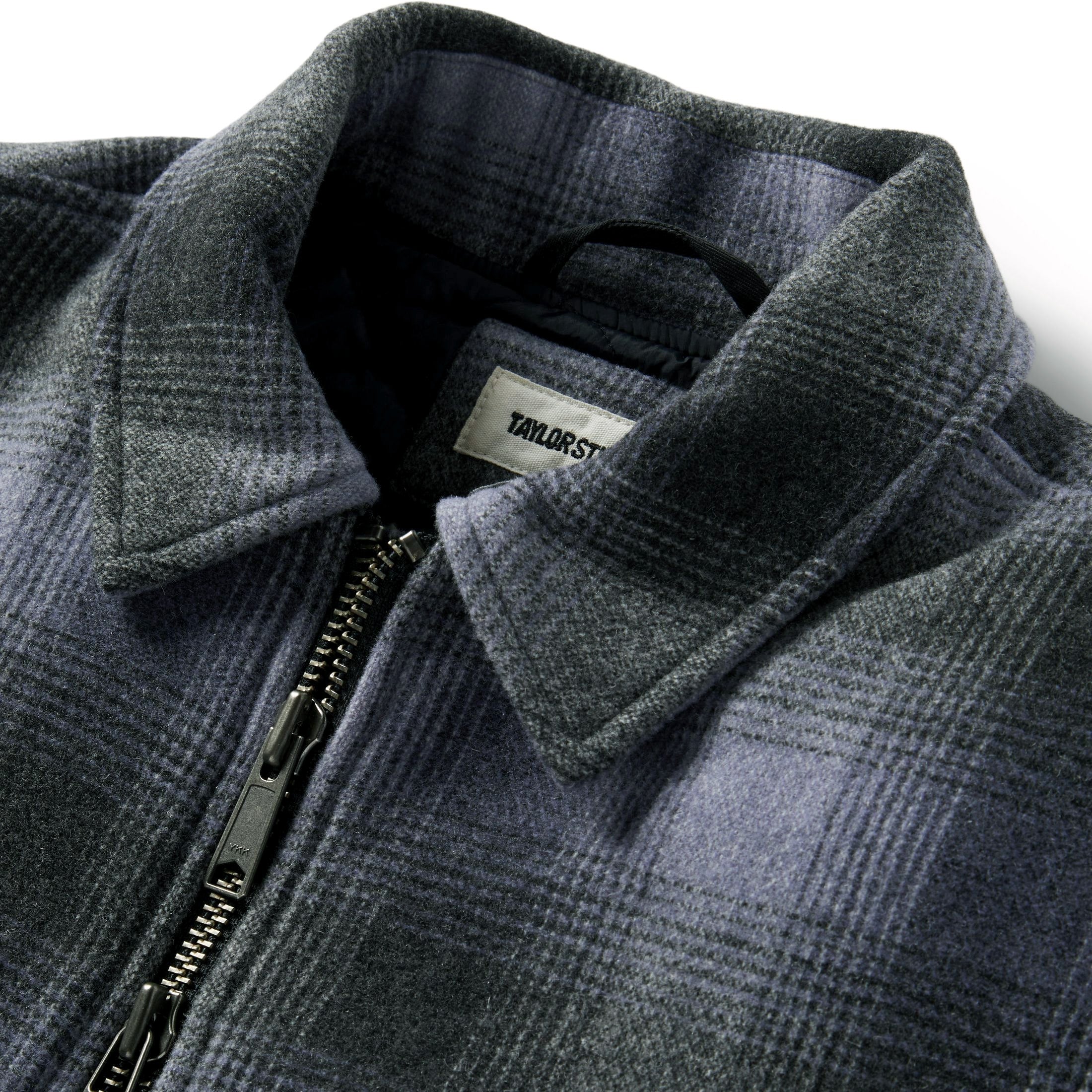 material shot of the collar on The Wyatt Jacket in Ash Plaid Wool, Outerwear by Taylor Stitch