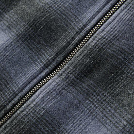 material shot of the zipper on The Wyatt Jacket in Ash Plaid Wool
