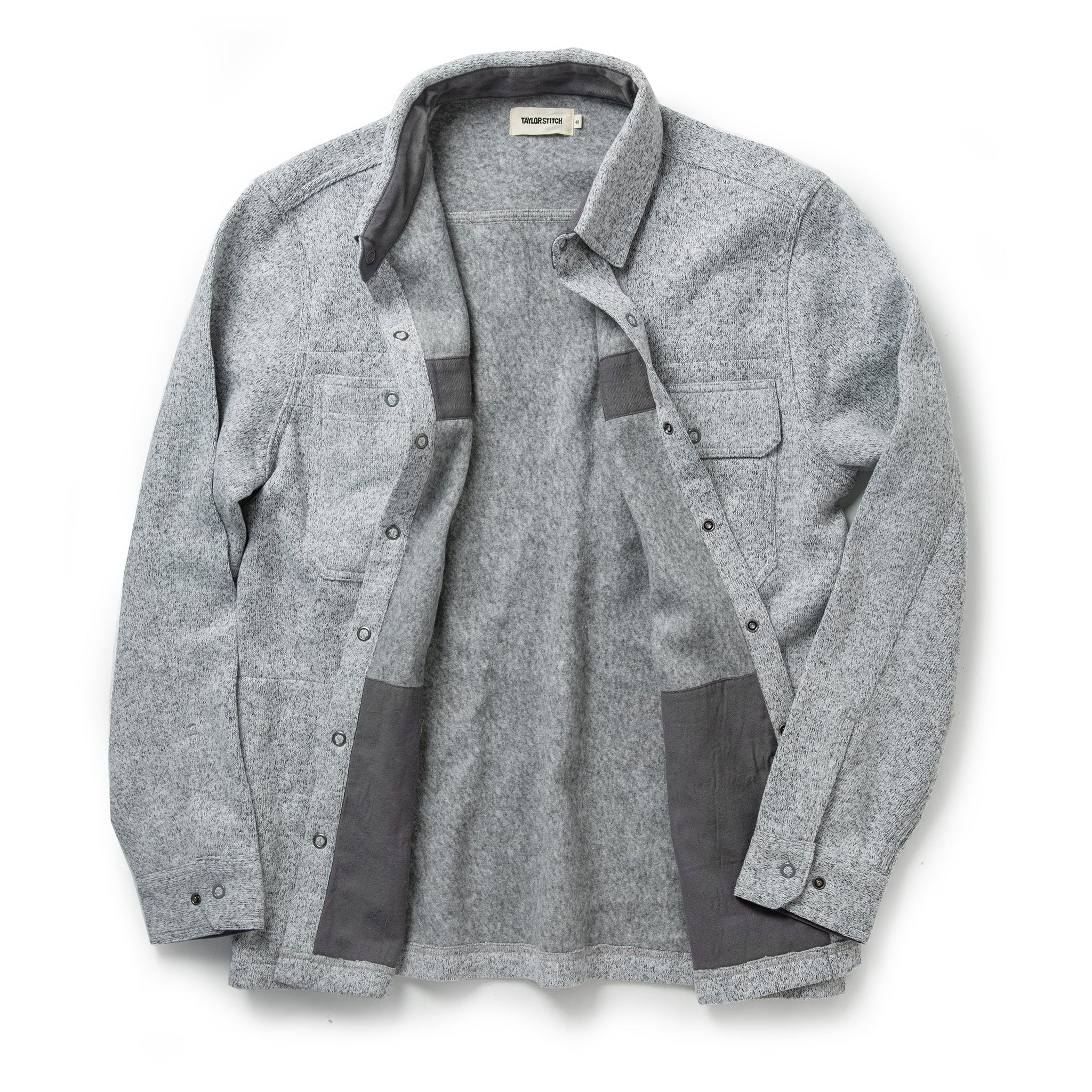 flatlay of The Breaker Overshirt in Ash, shown open, Outerwear by Taylor Stitch