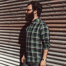 Our fit model wearing The Jack in Blackwatch Plaid Linen.