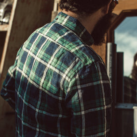 Our fit model wearing The Jack in Blackwatch Plaid Linen.