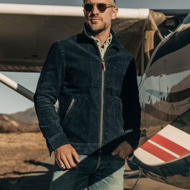 our fit model wearing The Piston Jacket in Indigo Corduroy
