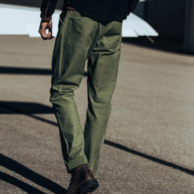 our fit model wearing The Camp Pant in Olive Reverse Sateen
