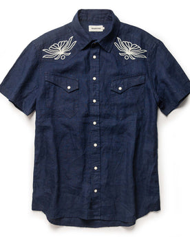 flatlay of The Embroidered Short Sleeve Western in Indigo Linen, Wovens by Taylor Stitch