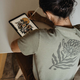fit model in The Heavy Bag Tee in Sage Dahlia, from the back
