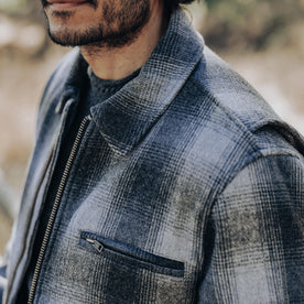 fit model showing off the detailing on The Wyatt Jacket in Ash Plaid Wool