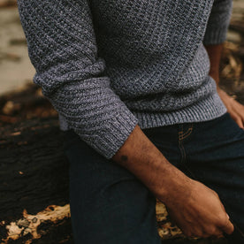fit model wearing The Adirondack Sweater in Blue Melange with a close up of the right sleeve cuff