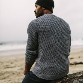 fit model wearing The Adirondack Sweater in Blue Melange showing the back