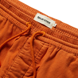 material shot of the waistband on The Après Short in Rust Pinwale
