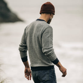 fit model showing the back of The Brume Sweater in Navy Birdseye