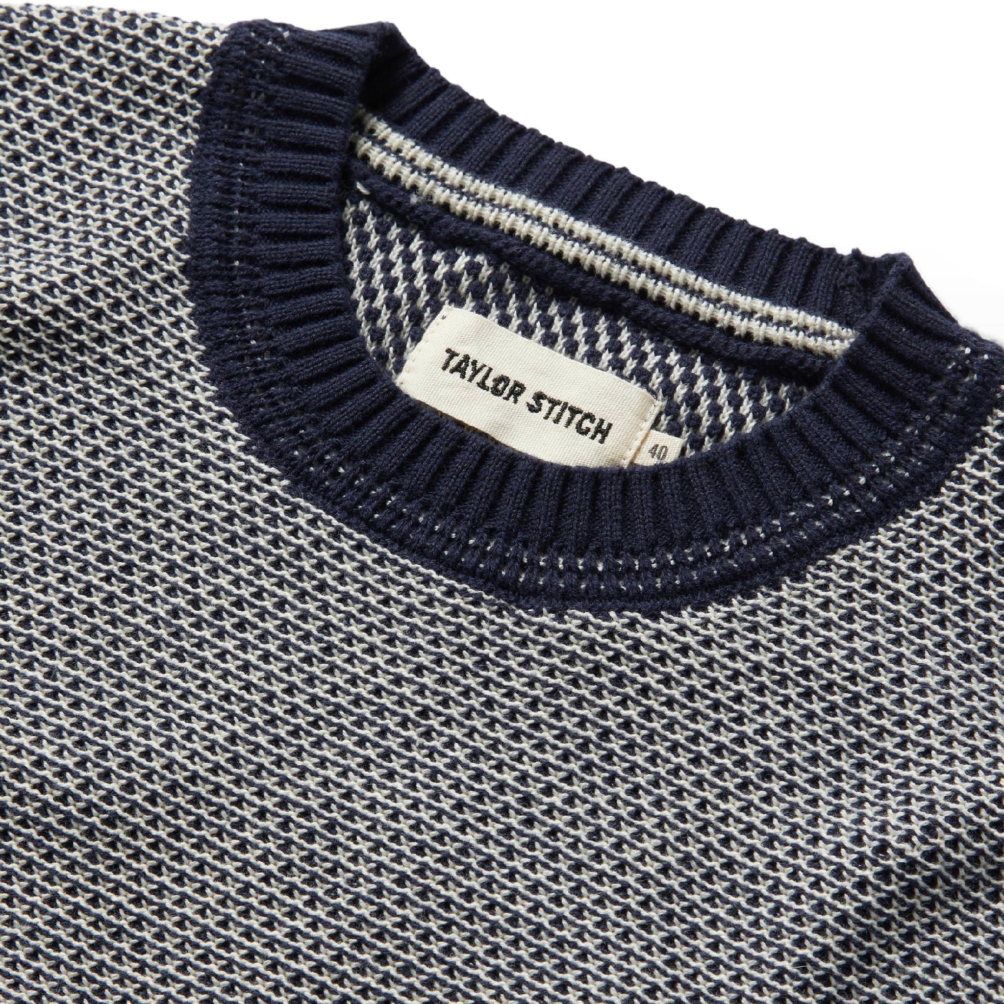 material shot of collar of The Brume Sweater in Navy Birdseye, Knits by Taylor Stitch