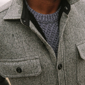 fit model wearing The Chandler Jacket in Ash Donegal over a sweater