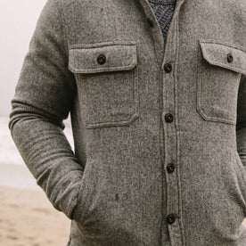 fit model with hand in pockets of The Chandler Jacket in Ash Donegal