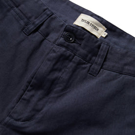 material shot of front placket of The Democratic Foundation Pant in Organic Dark Navy