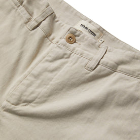 material shot of the front placket and waistband of The Democratic Foundation Pant in Organic Stone