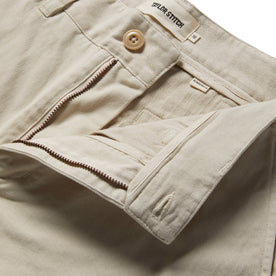 material shot of the open zipper fly of The Democratic Foundation Pant in Organic Stone